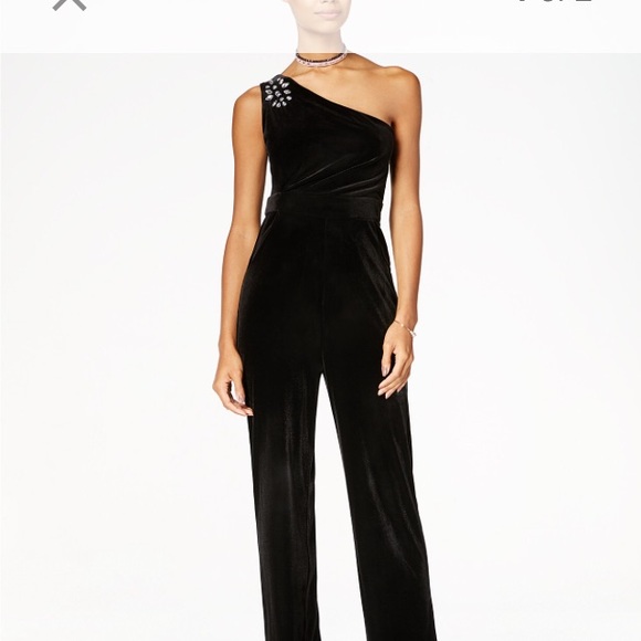 velvet one shoulder jumpsuit